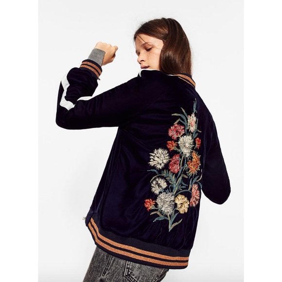 Zara Jackets & Blazers - ZARA Trafaluc Velvet Embroidered Bomber Jacket